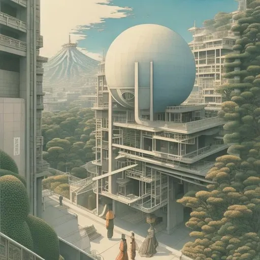 Prompt: Hasui Kawase, Hans Bellmer full colour, Watercolor woodblock print Surreal Mysterious Weird Fantastic Fantasy Sci-fi, Japanese Anime, Brutalist architecture, Beautiful girl running up the wall on a bicycle, perfect voluminous body, Sphere and cone, detailed masterpiece bird’s eye views low angles 