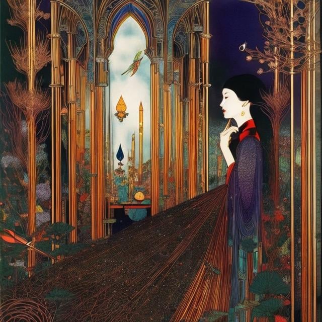 Prompt: Harry Clarke, Katsuhiro Otomo, Surreal, mysterious, strange, fantastic, fantasy, Sci-fi, Japanese anime, landscape connected to a mirror, wind chime tree, beautiful girl and cat, perfect voluminous body, detailed masterpiece 