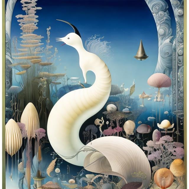 Prompt: Kay Nielsen, Katsuhiro Otomo, Surreal, mysterious, strange, fantastical, fantasy, Sci-fi, Japanese anime, empty bottle, long-tailed bird, sleeping miniskirt beautiful girl, perfect voluminous body, seashell specimen box, microscope, detailed masterpiece 