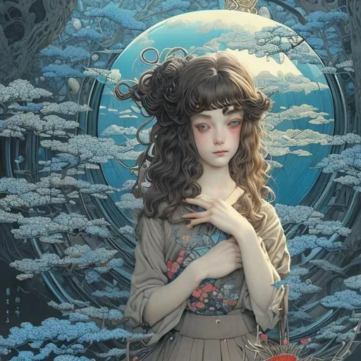 Prompt: Ukiyo-e style　Christian Riese Lassen, Charles Robinson, Eleanor Fortescue-Brickdale, surreal　fanciful　wondrous　strange　Whimsical　Sci-Fi Fantasy　hi-school girl　A dark-haired　Autumn leaves with short hair　Circular Theater　hour glass　blue-sky　Hyperdetailed high definition high resolution high quality masterpiece