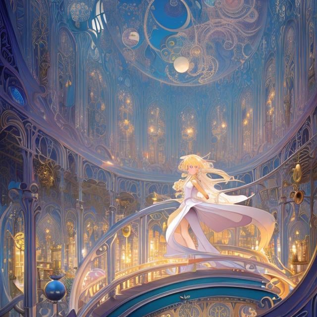 Prompt: Kay Nielsen,  Peter Flötner, animesque　surreal　fanciful　wondrous　strange　Whimsical　Sci-Fi Fantasy　Inside the clock tower　Floating spiral staircase　Miniskirt schoolgirl and kitten　Climb while illuminating your feet with a lamp, perfect body, sweet innocent beautiful face, hyperdetailed high resolution masterpiece