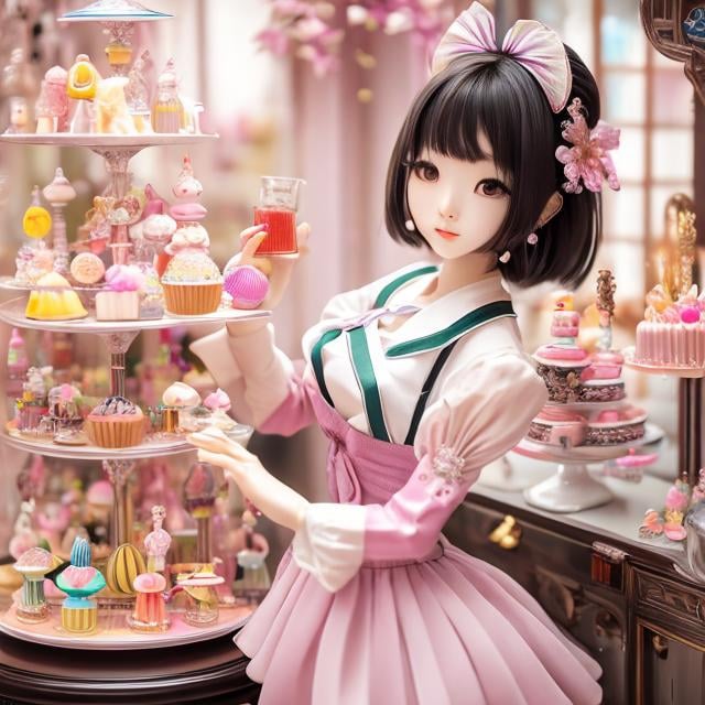 Prompt: Arina Tanemura, Cocoa Fujiwara, Kay Nielsen, surreal, mysterious, strange, bizarre, fantasy, Sci-fi, Japanese anime, android miniskirt beautiful maid, short hair, boyish, perfect voluminous body Preparing tea, shopping for sweets, maid confused about which one to choose, all looks good, at sweets shop, hyper detailed masterpiece, hand drawings fine lines, depth of field cinematic lighting hyper realistic 