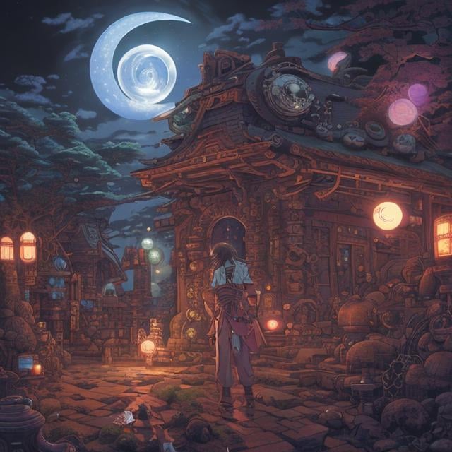 Prompt: Keith Parkinson Japanese Anime　Sci-Fi Fantasy　Spiral pills　Moonlit Night Moving Blacksmith　teens girl　One-eyed blacksmith　nighttime scene　 hyperdetailed high definition high resolution high quality masterpiece