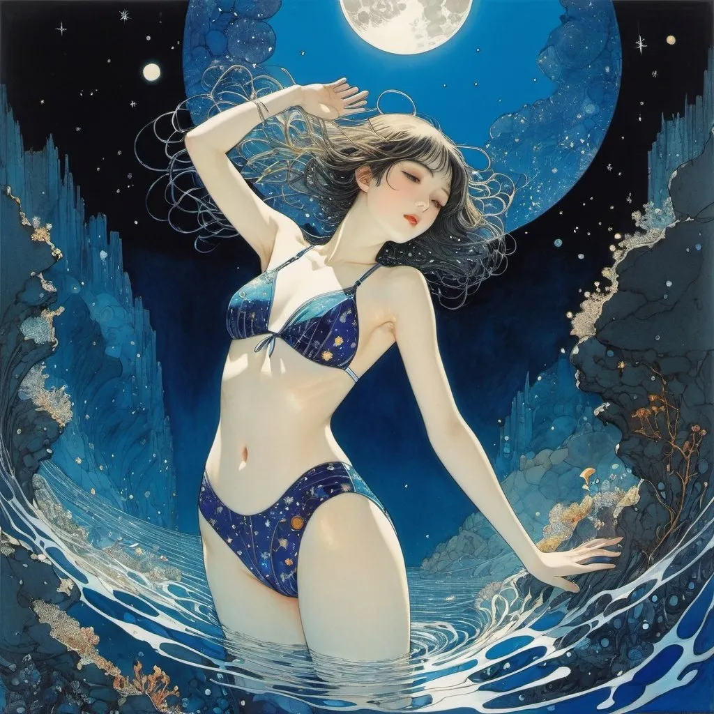 Prompt: Harry Clarke, Hiroyuki Kitakubo, Surreal, mysterious, strange, fantastical, fantasy, Sci-fi, Japanese anime, moonlit sea, beautiful girl in school swimsuit diving, perfect voluminous body, wet skin glistening, underwater universe, stars, detailed masterpiece 