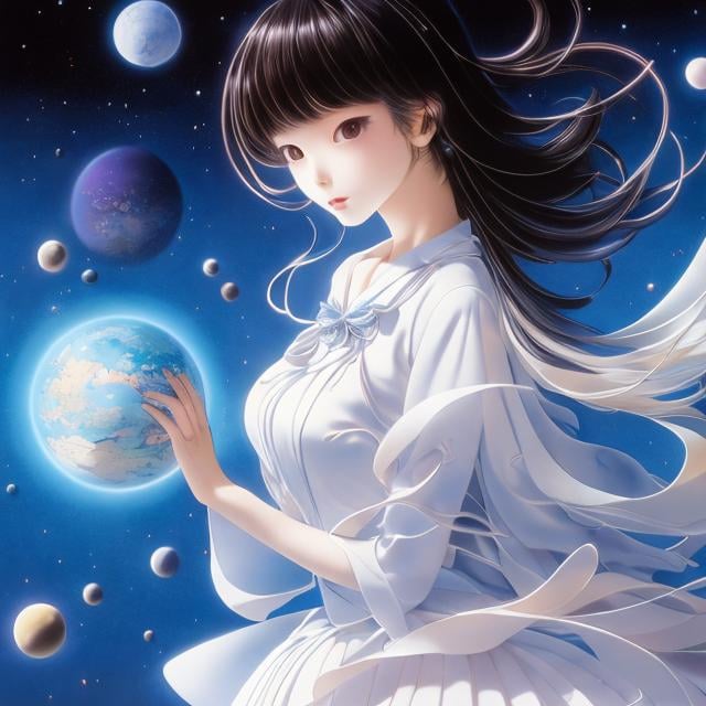 Prompt: Naoyuki Kato, Yukito Kishiro, Kia Asamiya, Surreal, mysterious, bizarre, fantastical, fantasy, Sci-fi, Japanese anime, parallelepiped is made up of 19 spheres, applied physics astronomy, designing the solar system, blue prints, the paper universe and the mathematical world, beautiful girl perfect voluminous body, detailed masterpiece perspectives 