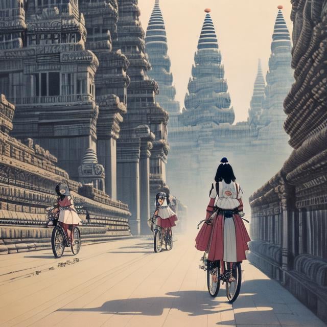 Prompt: Charles Robinson, Katsuhiro Otomo, Japanese anime mysterious strange bizarre surreal sci-fi fantasy miniskirt high school girl bicycle trip Angkor Wat, hyperdetailed high resolution high definition high quality masterpiece