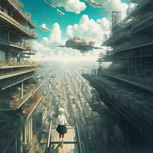 Prompt: Satoshi Urushihara, George Grosz, Surreal, mysterious, strange, fantastical, fantasy, Sci-fi, Japanese anime, piano stairs, beautiful blonde miniskirt girl Alice, perfect voluminous body, notes climbing in the sky, detailed masterpiece bird’s eye views