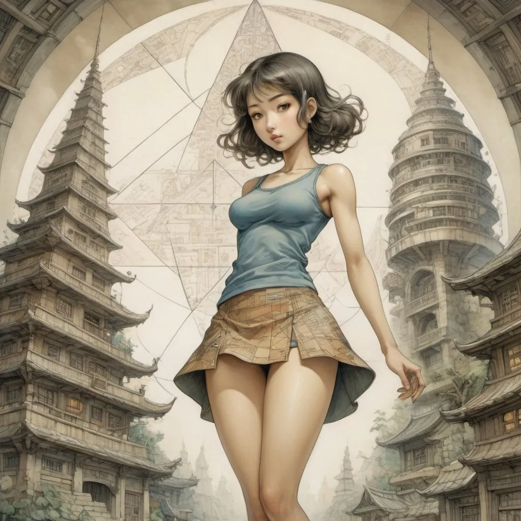 Prompt: Anton Pieck, Keiko Takemiya, Surreal, mysterious, strange, fantastical, fantasy, Sci-fi, Japanese anime, triangle theorems of a curved world, non-Euclidean geometry, beautiful girl in a miniskirt with a geometric body, perfect voluminous body, detailed masterpiece 