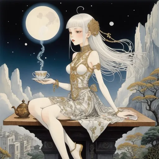 Prompt: Kay Nielsen, Willian Santiago, Domingo Roberto Mandrafina, Yoshitaka Amano, Guillermo Divito, Surrealism, Mysterious, Weird, Outlandish, Fantasy, Sci-fi, Japanese Anime, Astrology, Numerology, Tarot, Palmistry, Tea Leaf Fortune Telling, Dream Interpretation Miniskirt Beautiful High School Girl and Cafe in the Sky, perfect voluminous body, detailed masterpiece low high angles perspectives 