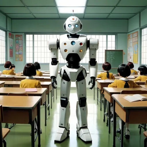 Prompt: Shiro Kawakami, Ed Valigursky, Surreal, mysterious, strange, fantastical, fantasy, Sci-fi, Japanese anime, after-school classroom, the robot who doesn't want to go home, detailed masterpiece 