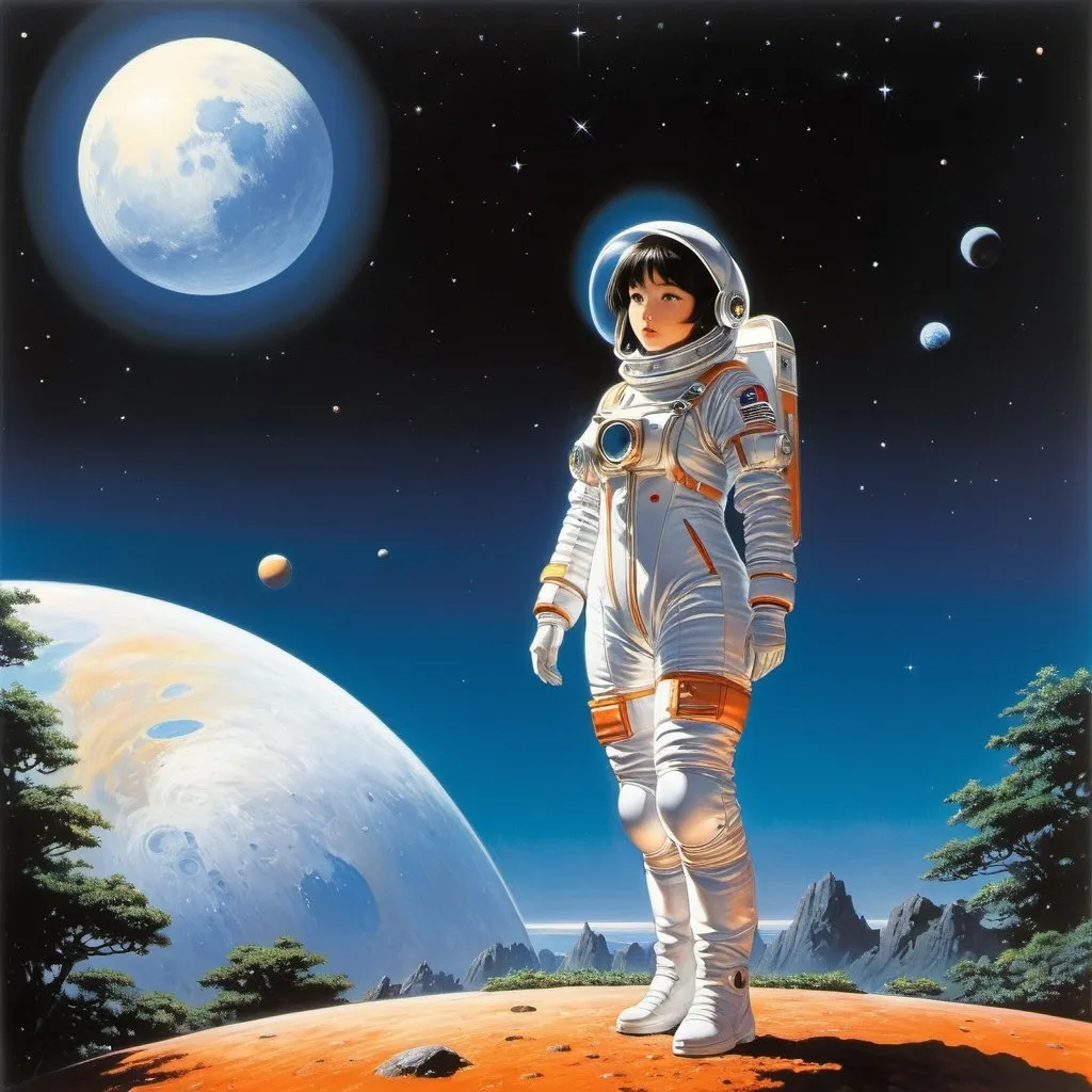 Prompt: Naoyuki Kato, Peter Elson, Richard Clifton-Dey, Danny Flynn, Izumi Kazuto, Surrealism, wonder, strange, bizarre, fantasy, Sci-fi, Japanese anime, beautiful girl in a space suit standing on the full moon and looking at the earth, perfect voluminous body, the solar system is in my garden, inside and outside the box, detailed masterpiece 