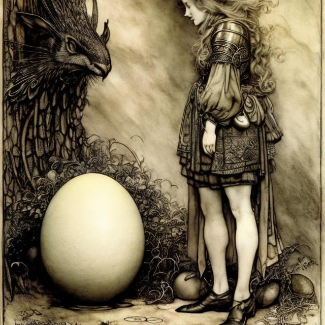 Prompt: Henryk Waniek, Arthur Rackham, Surreal, mysterious, strange, fantastical, fantasy, Sci-fi, Japanese anime, Alice, the beautiful blonde miniskirt girl hatched from an egg, perfect voluminous body, detailed masterpiece 
