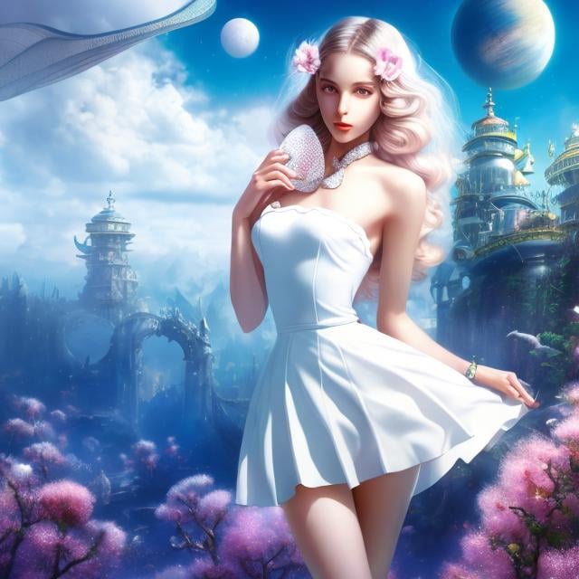 Prompt: Marie-Louise Fitzpatrick, Herman Sachs, Surreal, mysterious, strange, fantastical, fantasy, Sci-fi, Japanese anime, biomannerism, eros body transformation in the 20th century, science fiction machine, prism of wonderland, floating blonde miniskirt beautiful girl Alice, perfect voluminous body, detailed masterpiece 