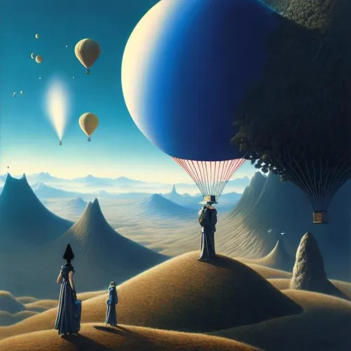 Prompt: Frank R. Paul, Naoyuki Kato, Jim burns, Surreal, mysterious, strange, fantastical, fantasy, Sci-fi, Japanese anime, TV with legs, human-machine symbiosis, dream traveler, balloon machine, detailed masterpiece perspectives angles 