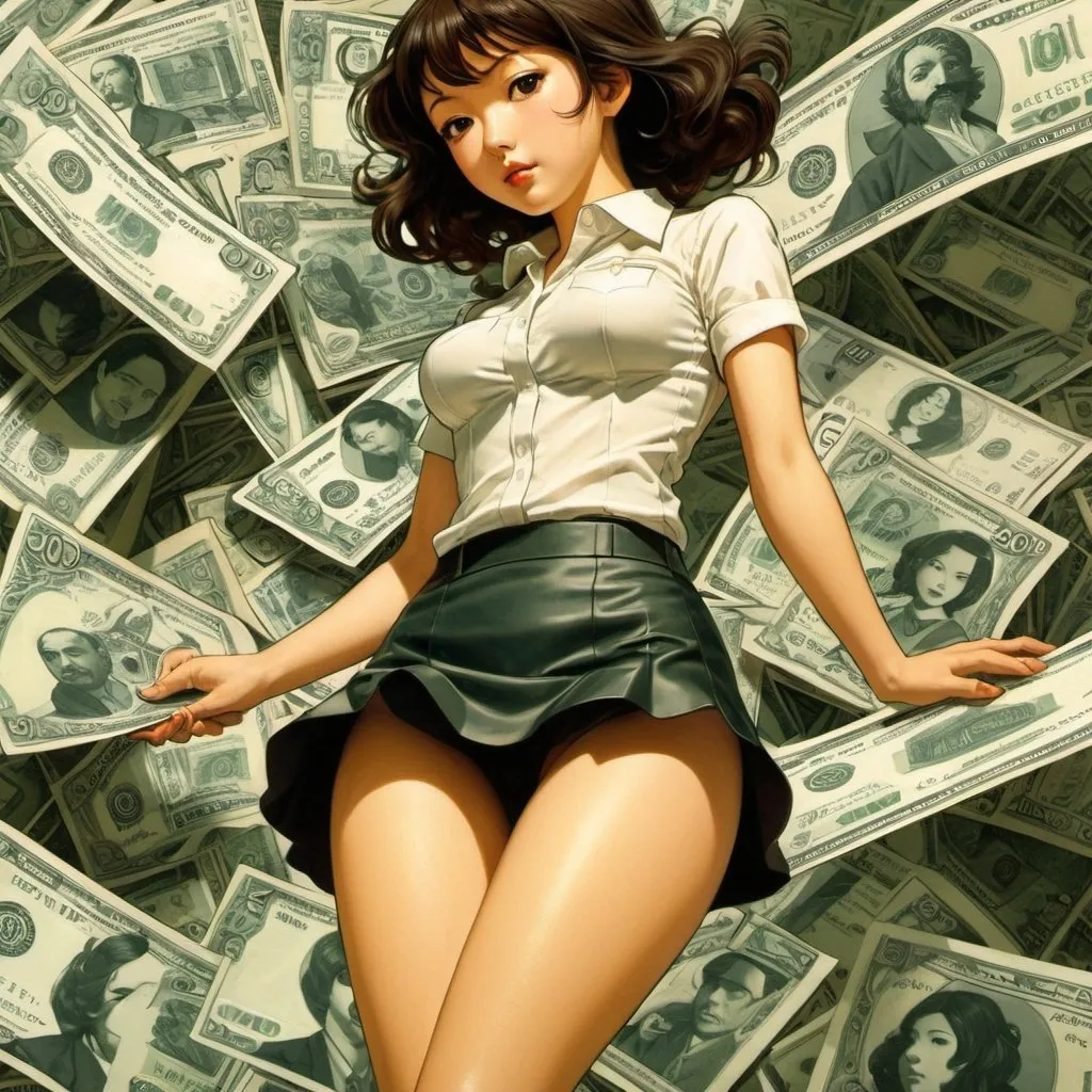 Prompt: Sean Loughrey, Satoshi Kon, Surreal, mysterious, strange, fantastical, fantasy, Sci-fi, Japanese anime, bank fortress, banknote printing, miniskirt beautiful girl spy, perfect voluminous body, detailed masterpiece 