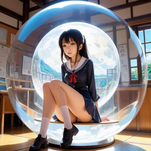 Prompt: Lily Hoshino, Kazue Kato, Kore Yamazaki, Surrealism, wonder, strange, bizarre, fantasy, Sci-fi, Japanese anime, beautiful high school girl in a miniskirt sitting on the floor looking out from inside a glass sphere, perfect voluminous body, a wind-up moon, detailed masterpiece wide angles 
