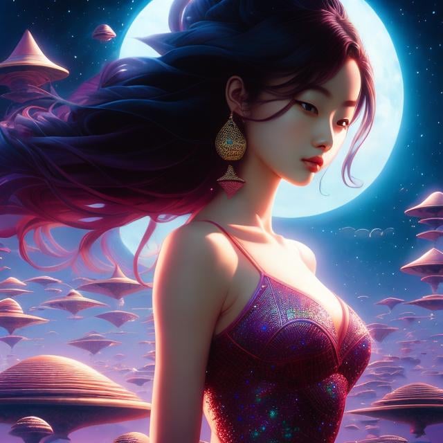 Prompt: Chris Moore , Hiromi Matsuo, Surreal, mysterious, strange, fantastical, fantasy, Sci-fi, Japanese anime, man-made and wonder, paradise, orientalism, natural science, Arlequin miniskirt beautiful girl, perfect voluminous body, detailed masterpiece cinematic lighting sharp focus 