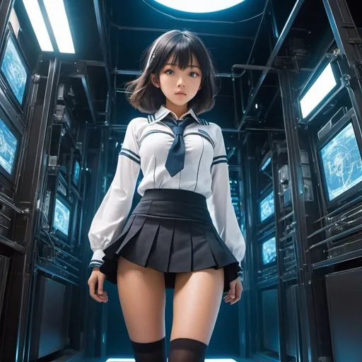 Prompt: Baron Yoshimoto, Alex Schomburg, Surreal, mysterious, strange, fantastical, fantasy, Sci-fi, Japanese anime, optical glass aspherical molding, lens in the dark, miniskirt beautiful high school girl's video technology, perfect voluminous body, mechanism of vision, detailed masterpiece 