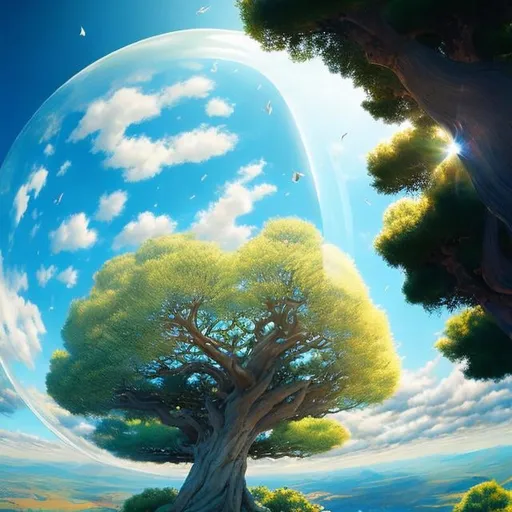 Prompt: Anne Anderson, Mitsumasa Anno, Surreal, mysterious, strange, fantastical, fantasy, Sci-fi, Japanese anime, Baobab tree castle, glass sphere, boy and girl, detailed masterpiece, perspectives angles bird’s eye views