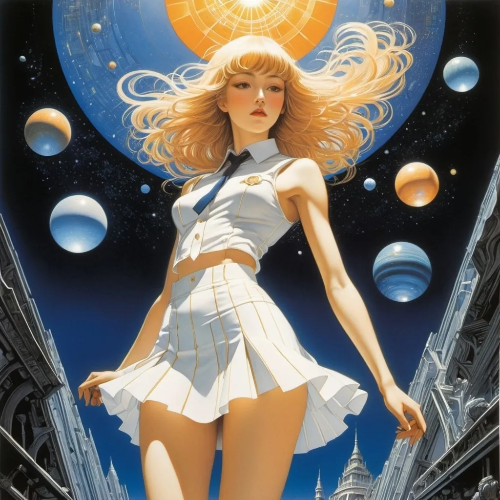 Prompt: Jean Delville, Annie French, Robin Philipson, Erte, Kore Yamazaki, Surrealism, wonder, bizarre, bizarre, fantasy, Sci-fi, Japanese anime, fossils of the solar system, soft crystal sea, sinking street corner, beautiful high school girl in a miniskirt going to school, perfect voluminous body, detailed masterpiece 