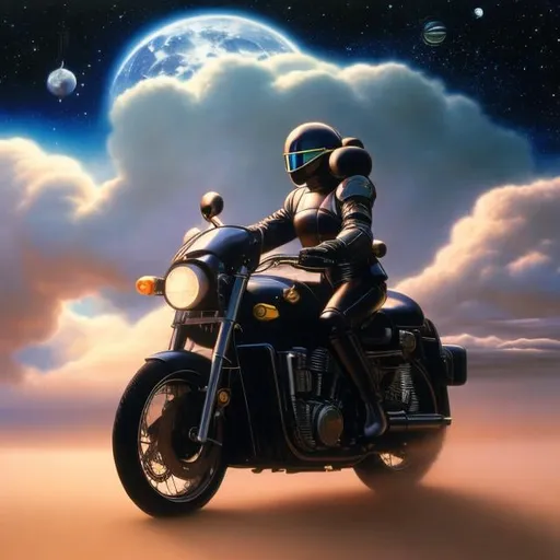 Prompt: Jim Burns, Charles Doyle, Surreal, mysterious, strange, fantastical, fantasy, Sci-fi, Japanese anime, lady in a rider suit riding a motorcycle, galaxy, clouds, moon, planets, detailed masterpiece 