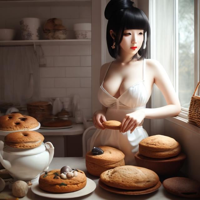 Prompt: Heath Robinson, Eric White, Mysterious, strange, surreal, bizarre, fantasy, Sci-fi, Japanese anime, baking bread by starlight, late night bakery, miniskirt beautiful girl baker, perfect voluminous body, detailed masterpiece 