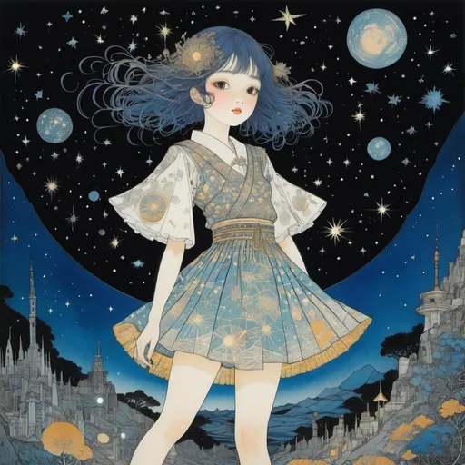 Prompt: Harry Clarke, Yuko Shimizu, Surrealism Mysterious Weird Fantastic Fantasy Sci-Fi, Japanese Anime, Miniskirt Beautiful Girl Growing the Stars, perfect voluminous body, Watering and Taking Care of the Stars, detailed masterpiece 