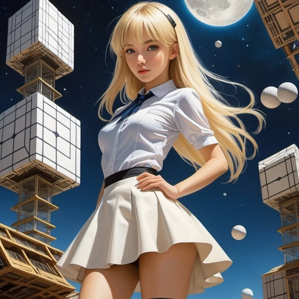 Prompt: Mikhail Savicki, Anatoli Lvovich Kaplan, Irina Kotova, Yoko Kamio, Surrealism, wonder, strange, fantastical, fantasy, Sci-fi, Japanese anime, helicon, square roots and rectangles, norms of the human body, projective geometry, the geometric body of beautiful blonde miniskirt girl Alice, perfect voluminous body, the Kepler conjecture,  detailed masterpiece mathematics 