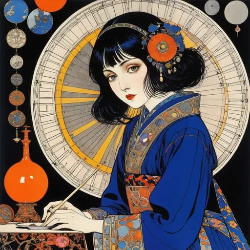 Prompt: Harry Clarke, Léon Bakst, Eugeniusz Zak, Kazune Kawahara, Brian Bolland, Surrealism, strange, bizarre, fantastical, fantasy, Sci-fi, Japanese anime, cooking, sundial, insects, space, birth of a beautiful girl in a miniskirt, perfect voluminous body, theory of evolution, nuclear power, artificial intelligence, detailed masterpiece 