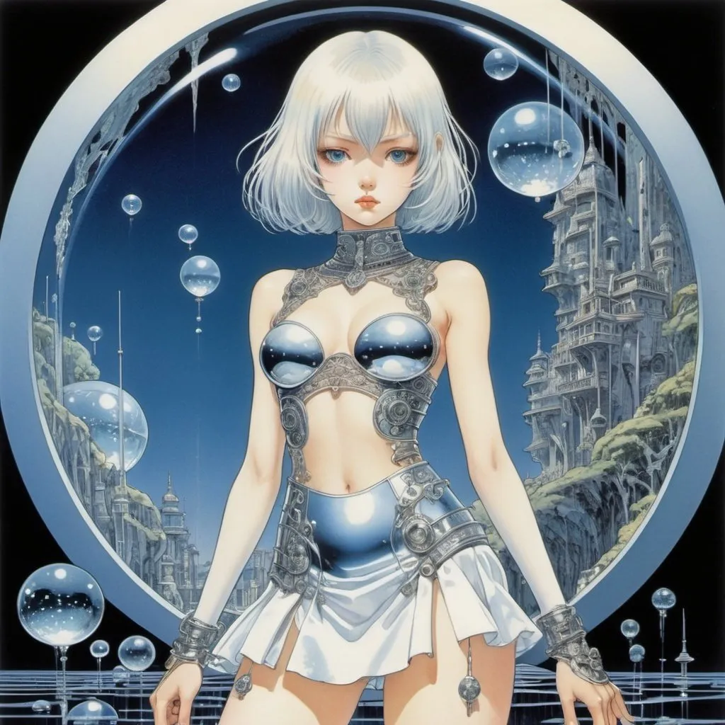 Prompt: Kay Nielsen, Masamune Shirow, Minoru Nomata, Surrealism Mysterious Bizarre Fantastic Fantasy Sci-Fi, Japanese Anime, Crystal World Transmission, Reflection, Refraction Miniskirt Beautiful High School Girl, perfect voluminous body, detailed masterpiece 