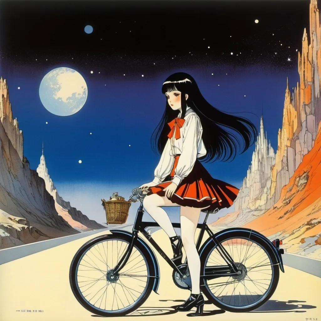 Prompt: Harry Clarke, Franciszek Bunsch, Virgil Burnett, Kenji Tsuruta, Clara Miller Burd, Surrealism Mysterious Bizarre Fantastic Fantasy Sci-Fi, Japanese Anime, Highway to Mars Bicycle trip of a miniskirt beautiful high school girl, perfect voluminous body, detailed masterpiece 