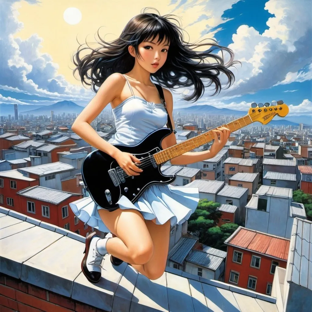 Prompt: Naoyuki Kato, Kelly Freas, Paul Bonner, Koyoharu Gotouge, Adolfo Hohenstein, Surrealism, wonder, strange, bizarre, fantasy, Sci-fi, detailed anime, dance of the music of life, nonlinear evolution, beautiful high school girl in a miniskirt playing an electric guitar on the roof, perfect voluminous body, detailed masterpiece 