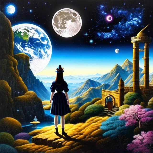 Prompt: Thomas Crane, Edmund Swinglehurst, Surreal Mystery Bizarre Fantastic Fantasy SF, Japanese Anime, Golden Mini Scarf Alice Beautiful Girl Playing with Crescent Moon Jigsaw Puzzle, Outer Space, The Steps of the Moon and the Earth, detailed masterpiece 