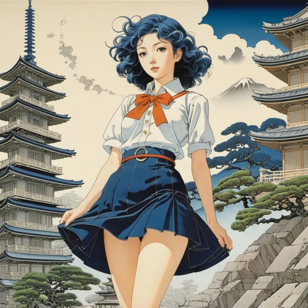 Prompt: Michael Hague, Moto Hagio, Sibylle von Olfers, François-Louis Schmied, Hokusai, Surrealism, wonder, strange, fantastical, fantasy, Sci-fi, Japanese anime, geometry of ruins, string theorem and Euclidean space, puzzle, miniskirt beautiful high school girl, perfect voluminous body, detailed masterpiece 