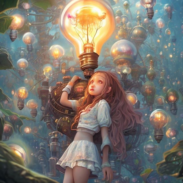 Prompt: Anton Brzezinsk, Lola Anglada,　animesque　surreal　fanciful　wondrous　strange　Whimsical　Sci-Fi Fantasy　The world in the light bulb　Tree in a bulb、Duan、Super Miniskirt High School Girl　hyperdetailed high resolution high quality masterpiece