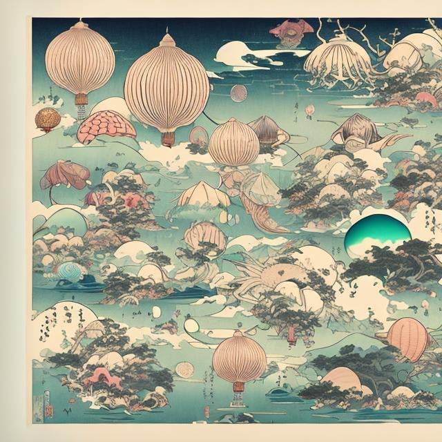 Prompt: Ukiyo-e style　Colored pencil drawing anime　surreal　absurderes　wondrous　strange　Whimsical　Sci-Fi Fantasy　Element symbol　seashells　lighthouse　balloon　Fallen Angel　Microcosmos