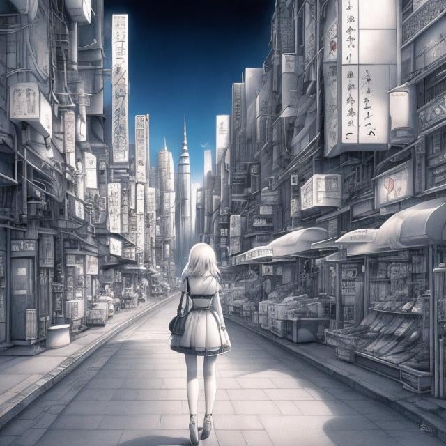 Prompt: Pat Andrea, Margaret Tarrant, Surreal, mysterious, strange, fantastical, fantasy, Sci-fi, Japanese anime, Tokyo metropolis on paper, the world in the drawings, entering the city blueprint, cross section, architectural perspective, miniskirt blonde beautiful girl Alice, perfect voluminous body, detailed masterpiece 