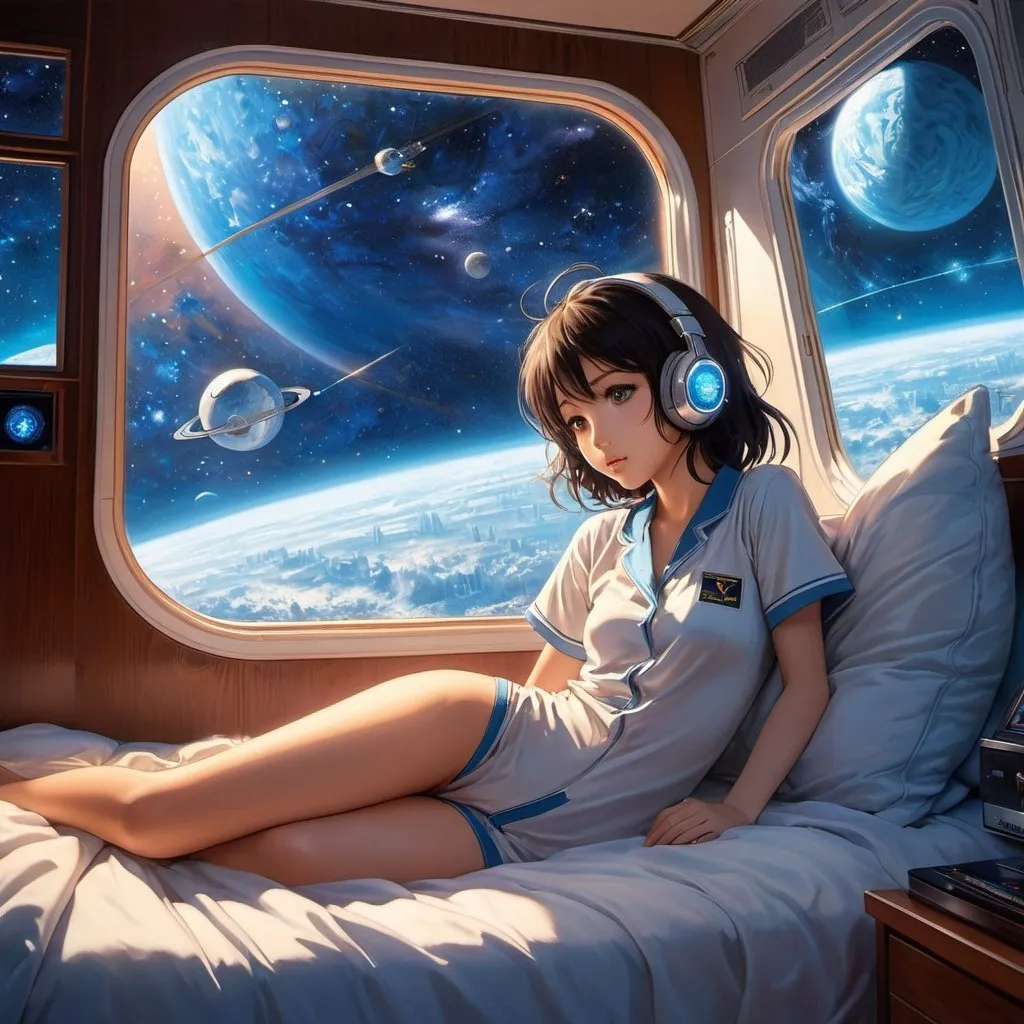 Prompt: Vincent Di Fate, Makoto Raiku, Surreal, mysterious, strange, fantastical, fantasy, Sci-fi, Japanese anime, a crystal record on a sleepless night, a beautiful girl in pajamas lying on the bed listening to music, perfect voluminous body, a galaxy outside the window, a space station, detailed masterpiece 