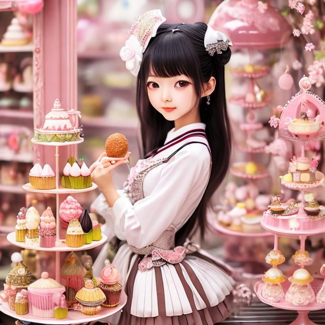 Prompt: Arina Tanemura, Cocoa Fujiwara, Kay Nielsen, surreal, mysterious, strange, bizarre, fantasy, Sci-fi, Japanese anime, android miniskirt beautiful maid, short hair, boyish, perfect voluminous body Preparing tea, shopping for sweets, maid confused about which one to choose, all looks good, at sweets shop, hyper detailed masterpiece 