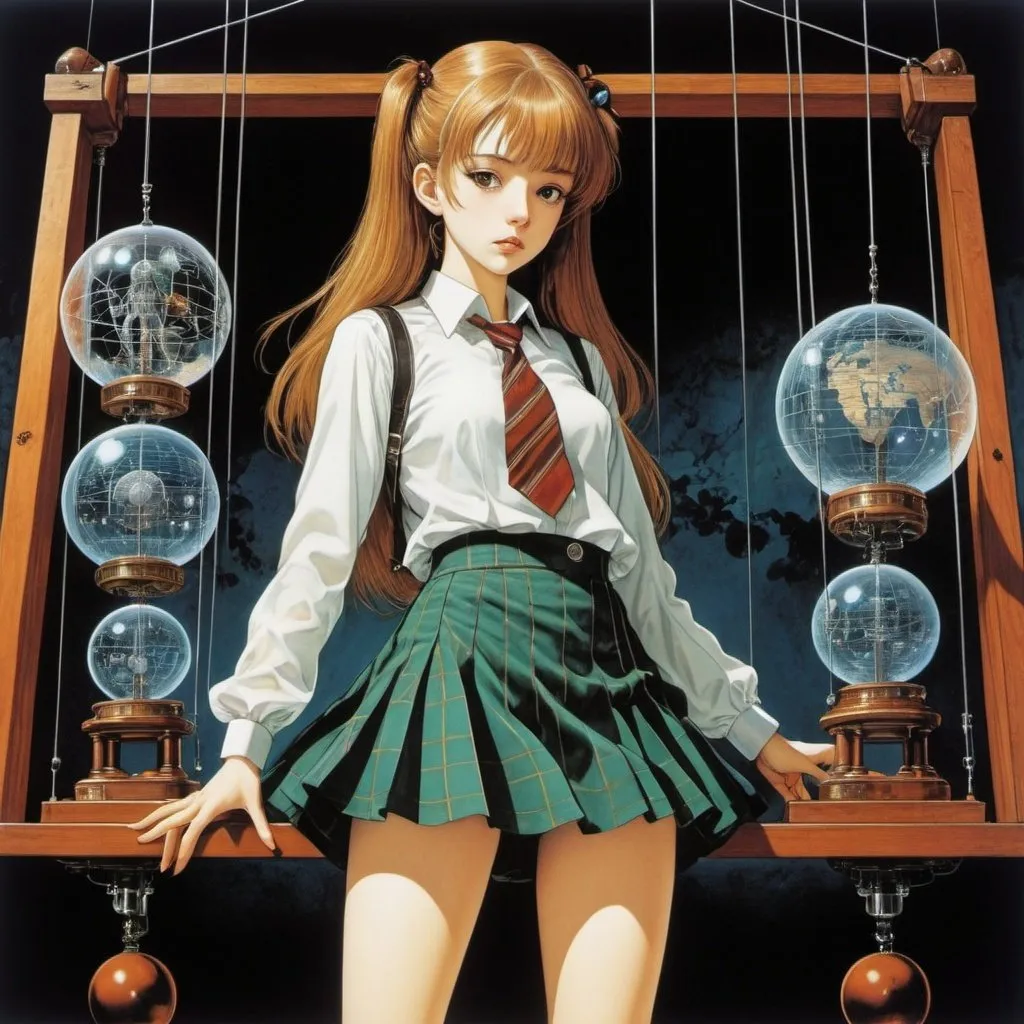 Prompt: Beatrice Cerocchi, Joanna Concejo, Rita Petruccioli, Harry Clarke, Surrealism, Mysterious, Strange, Outlandish, Fantasy, Sci-fi, Japanese Anime, Newton's Cradle, Law of Conservation of Momentum, Legend of Geophysics, Miniskirt Beautiful High School Girl, perfect voluminous body, detailed masterpiece 