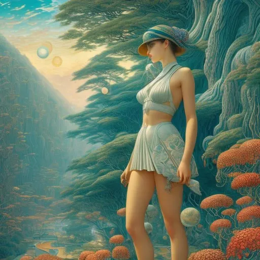 Prompt: Walter Crane, Surreal Mysterious Weird Fantastic Fantasy Sci-fi, Japanese Anime,  Jacek Yerka style, Galaxy in your Pocket, Miniskirt Beautiful Girl, perfect voluminous body, hyper detailed masterpiece high resolution definition quality depth of field cinematic lighting 