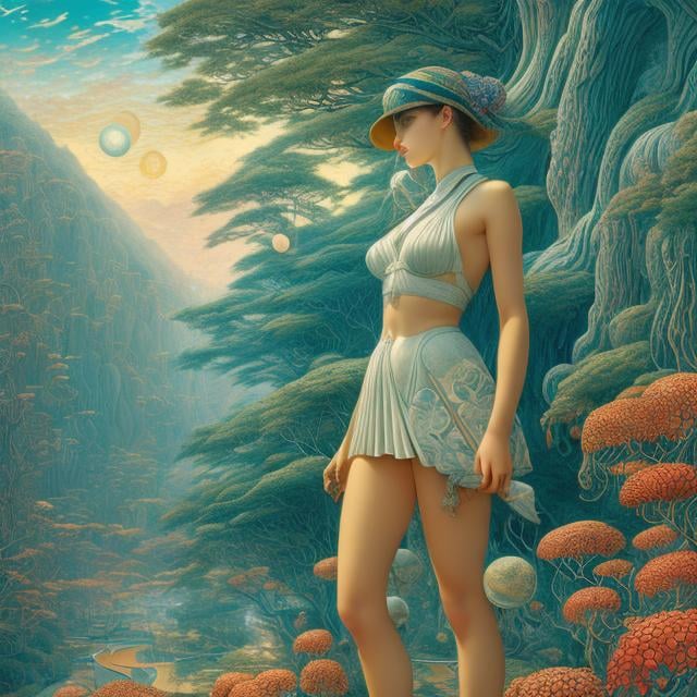 Prompt: Walter Crane, Surreal Mysterious Weird Fantastic Fantasy Sci-fi, Japanese Anime,  Jacek Yerka style, Galaxy in your Pocket, Miniskirt Beautiful Girl, perfect voluminous body, hyper detailed masterpiece high resolution definition quality depth of field cinematic lighting 