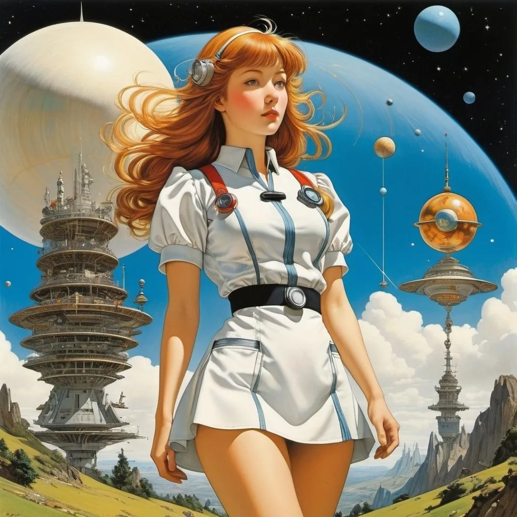 Prompt: McClelland Barclay, Heath Robinson, Albrecht Altdorfer,  Chiho Saito, Piero di Cosimo, Surrealism Mysterious Weird Fantastic Fantasy Sci-Fi, Japanese Anime, Teichmuller Phase of Space Modeling, the Large-Scale Structure of the Universe, Miniskirt Beautiful Girl Doctor, perfect voluminous body, detailed masterpiece 