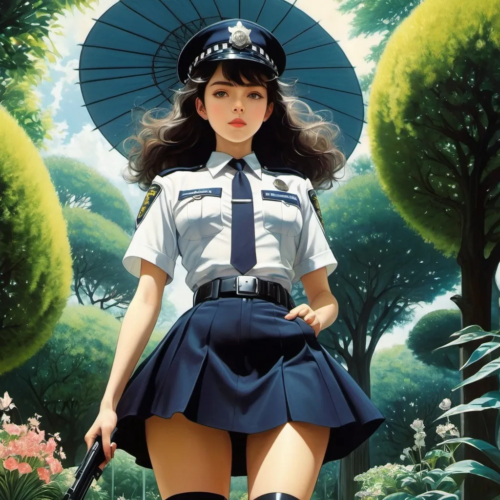 Prompt: Owen Davey, Sergey Solomko, Leonora Carrington, Hiroya Oku, Surrealism Mysterious Weird Fantastic Fantasy Sci-fi, Japanese Anime Darkness and Astronomical Entropy, Miniskirt Beautiful Girl Police, perfect voluminous body, Sunday Botanical Garden, detailed masterpiece low high angles