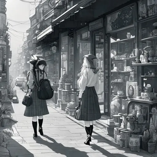 Prompt: Anne Anderson, Beatrix Potter, Nico Delort, hand drawn style Japanese Anime Surreal Mysterious Weird Fantastic Sci-fi Fantasy Urban Beast Hunting, Fossil Shop, Street Observation, Miniskirt High School Girl