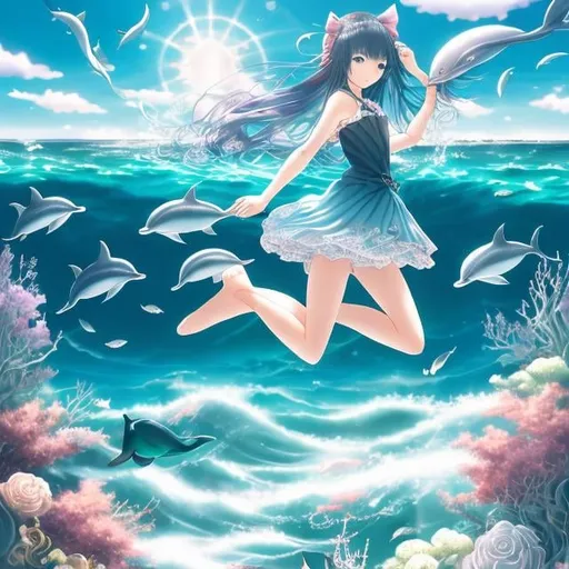 Prompt: Kozue Amano, BERTHA CORBET MELCHER, Mysterious Surreal Fantastic Fantasy Sci-Fi, Japanese Anime, Ocean in a Picture Frame, Jumping Dolphin, Art-loving Miniskirt Beautiful Girl, perfect voluminous body, detailed masterpiece 
