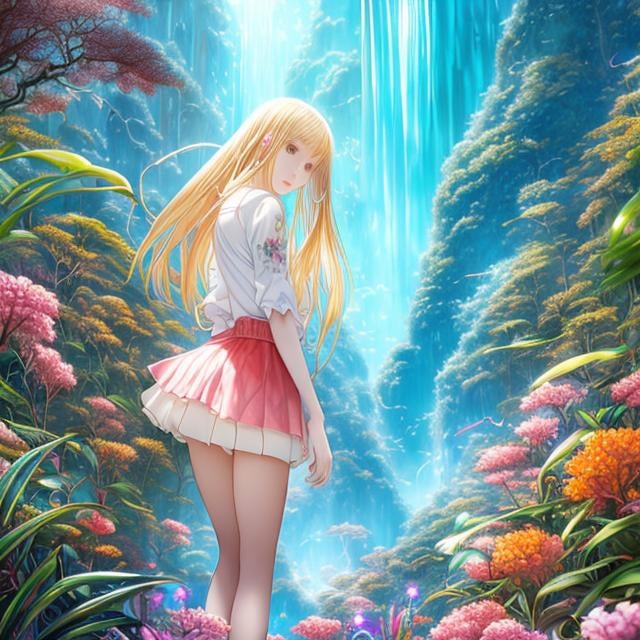 Prompt: Alice B Woodward, Katsuhiro Otomo, Surreal, mysterious, bizarre, fantastical, fantasy, Sci-fi fantasy, anime, the world behind the mirror, beautiful transparent creatures of the world, mountains dripping with morning dew, the depths of a jungle, muddy tropical rivers, beautiful miniskirt blonde girl Alice, perfect voluminous body, lightless caves, the ocean, the deep sea, coral. Forest, the microscopic world, detailed masterpiece depth of field, cinematic lighting 