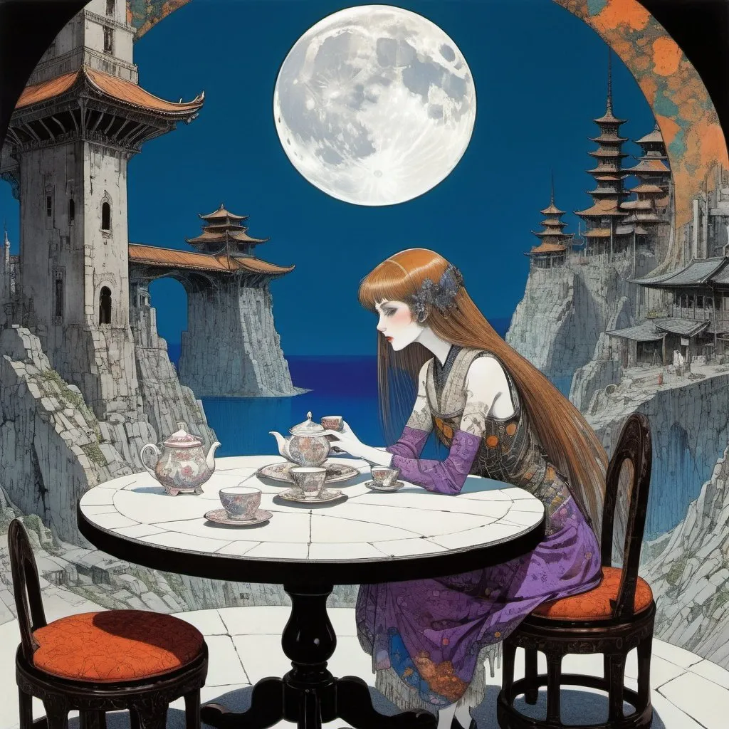 Prompt: Harry Clarke, Earle Kulp Bergey, Surreal, mysterious, strange, fantastical, fantasy, Sci-fi, Japanese anime, uninhabited ancient city, three-point perspective, daytime full moon, miniskirt beautiful girl having tea at the table, perfect voluminous body, detailed masterpiece, colours hand drawings 