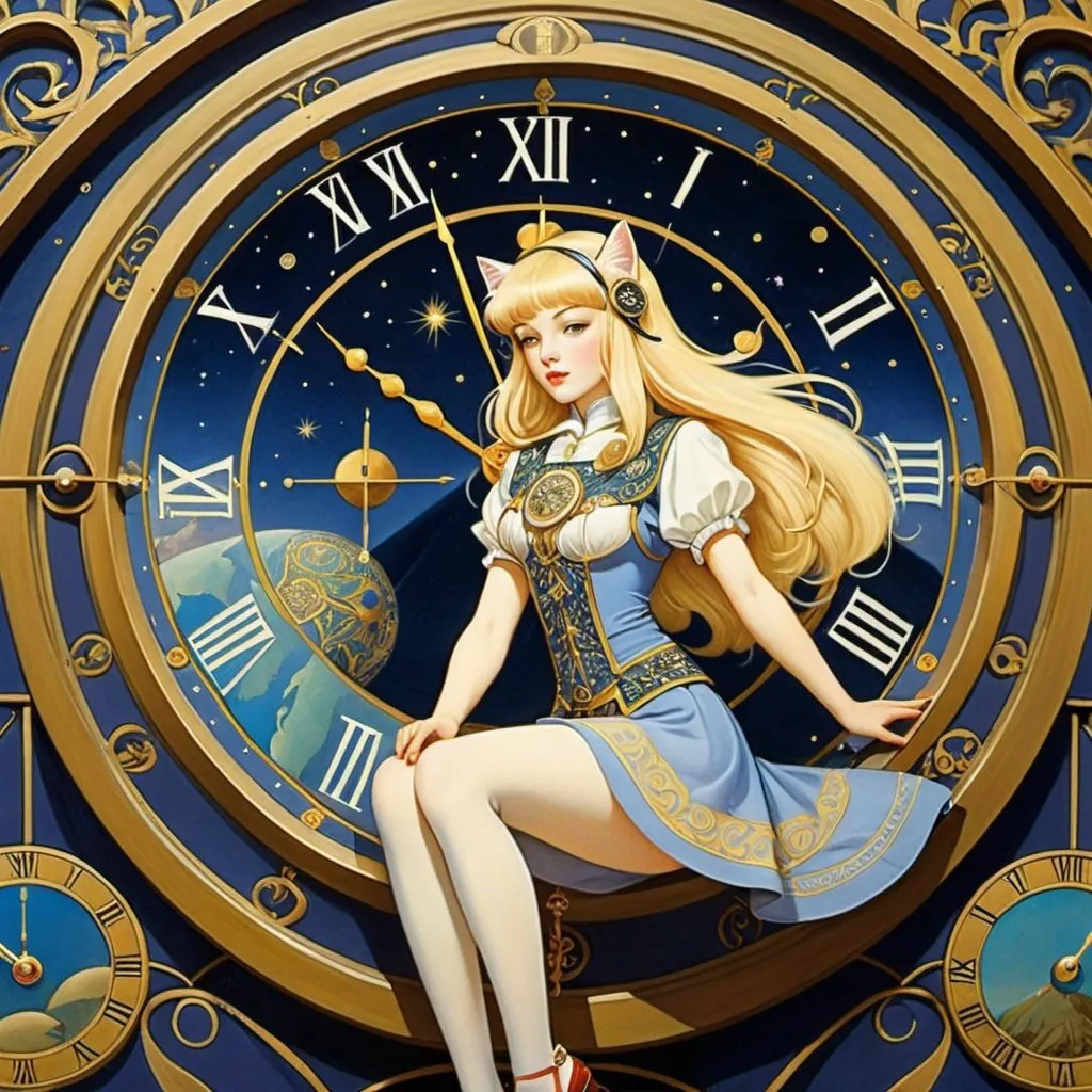 Prompt: Vladimir Konashevich, Virginia Frances Sterrett, Surreal, mysterious, bizarre, fantastical, fantasy, Sci-fi, Japanese anime, linguistic alchemy and esoteric combination techniques, journey to the bottom of the world, astronomical clock, blonde miniskirt beautiful girl Alice, perfect voluminous body, cat, detailed masterpiece 