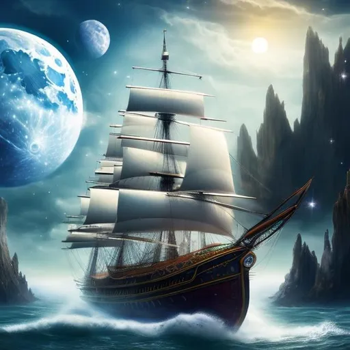 Prompt: Barbara Cooney, Basia Tran, mysterious, strange, bizarre, fantasy, sci-fi, beautiful girl Alice, beautiful perfect voluminous body, classroom flood, escaping sailing ship, full moon, galaxy, trapeze, detailed high resolution definition quality masterpiece